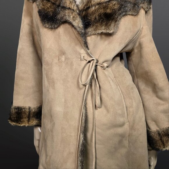 Y2K Penny Lane Coat Size M Boho Beige Faux Suede Brown Faux Fur Mid Length - Picture 4 of 13